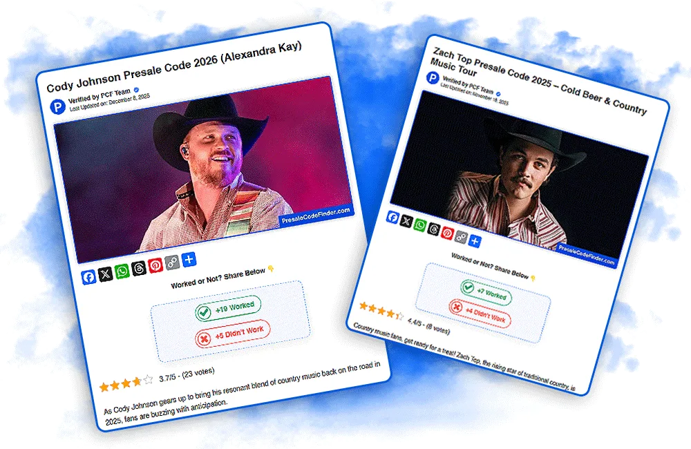 Dedicated artist pages displaying verified presale codes for multiple artists