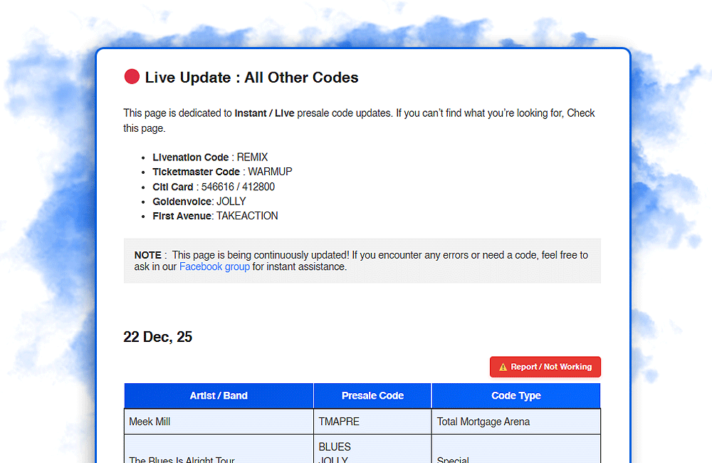 Live update page showing last-minute and instant presale code updates